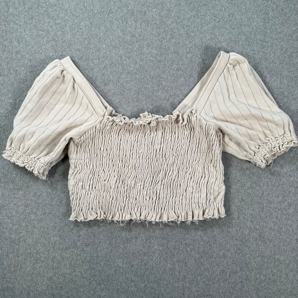 By Together Smocked Cropped Top Size Large Beige Ribbed Puff Sleeve Cotton Boho